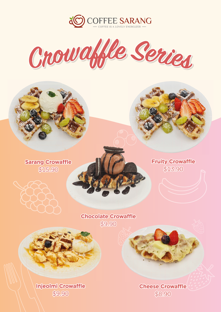 Menu displaying various crowaffle desserts with prices from Coffee Sarang.