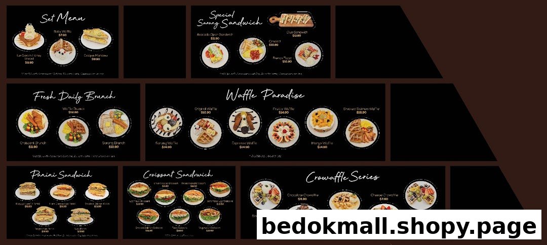 A food menu displaying various dishes, waffles, sandwiches, and prices.