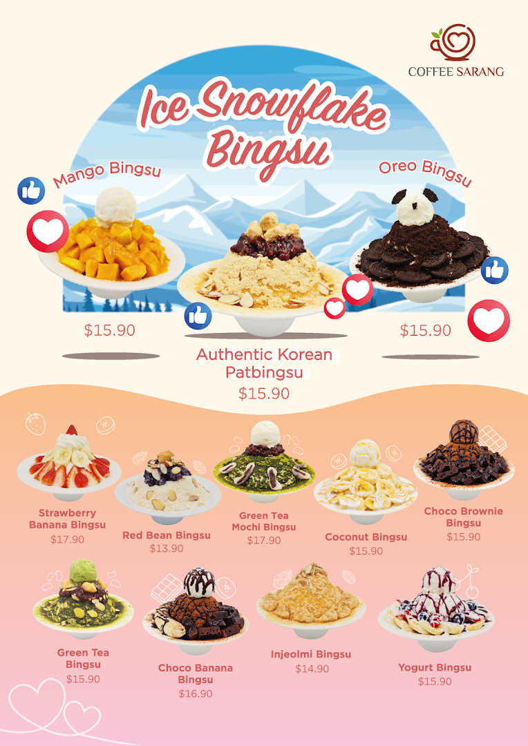A colorful menu displaying various Bingsu desserts with their names and prices.