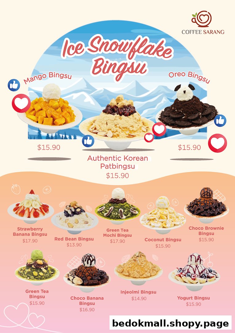 A colorful menu displaying various Bingsu desserts with their names and prices.