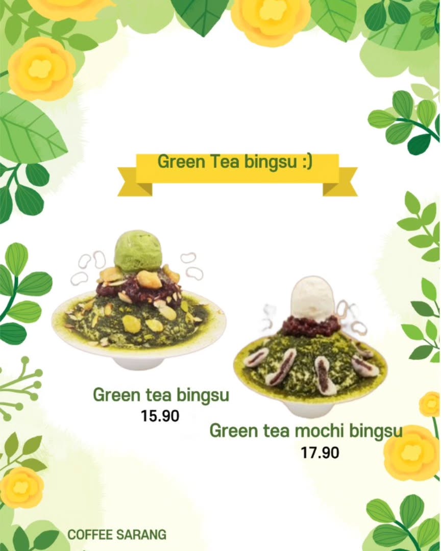 Image shows two green tea bingsu desserts with their prices.
