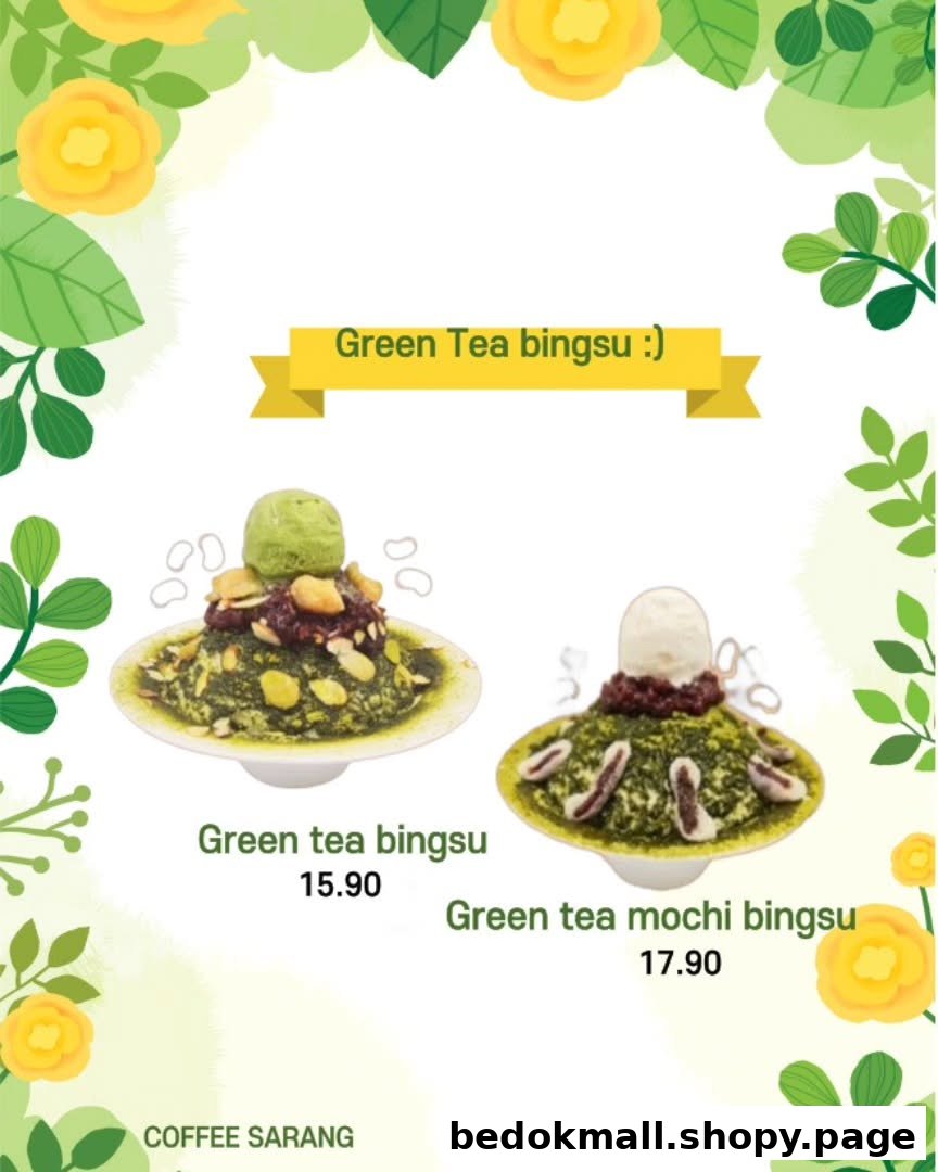 Image shows two green tea bingsu desserts with their prices.