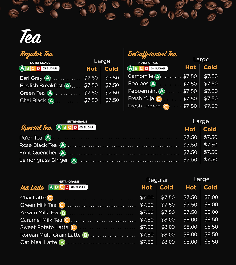 A detailed menu displaying various tea and tea latte options with prices.