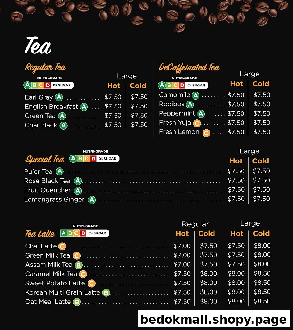 A detailed menu displaying various tea and tea latte options with prices.