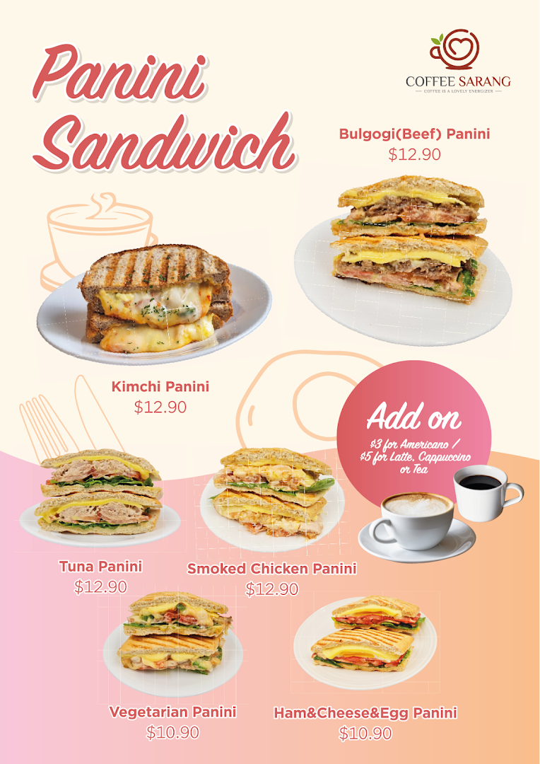A menu displaying various panini sandwiches with prices and coffee add-ons.