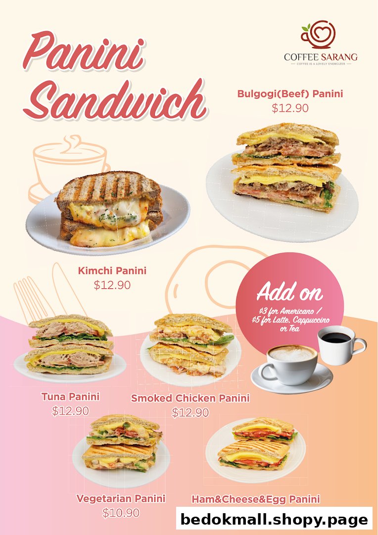 A menu displaying various panini sandwiches with prices and coffee add-ons.