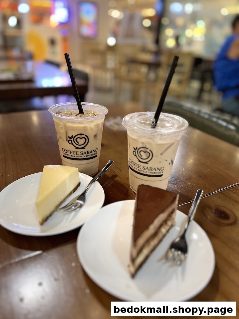 Two iced coffees and two cake slices on a wooden table inside a cafe.