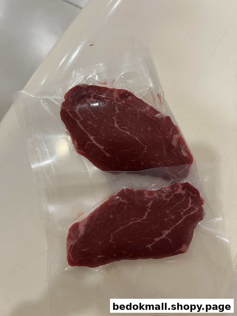 Two vacuum-sealed steaks in clear plastic packaging on a white surface.