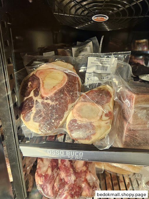 Packaged Osso Buco meat displayed in a refrigerated case.