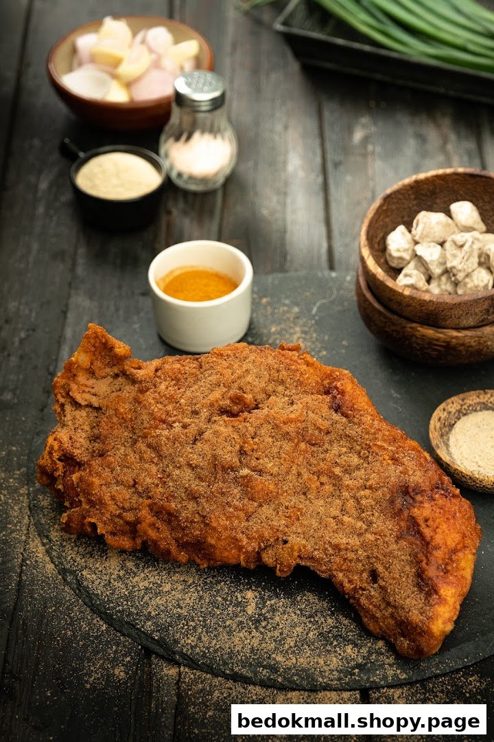 A large seasoned fried chicken cutlet with various ingredients and condiments.