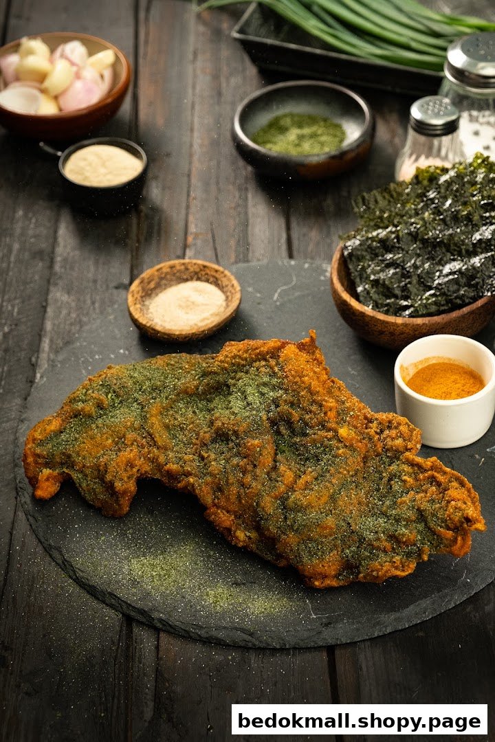 Golden fried chicken with green seasoning on a dark surface, surrounded by ingredients.