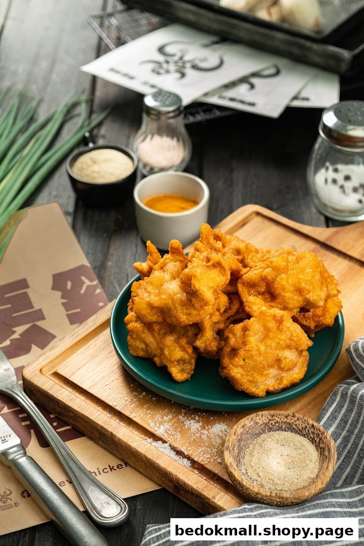A plate of golden fried chicken pieces with sauces and spices on a wooden board.