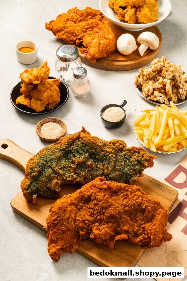 Assortment of fried chicken cutlets, fries, and other snacks on a table.