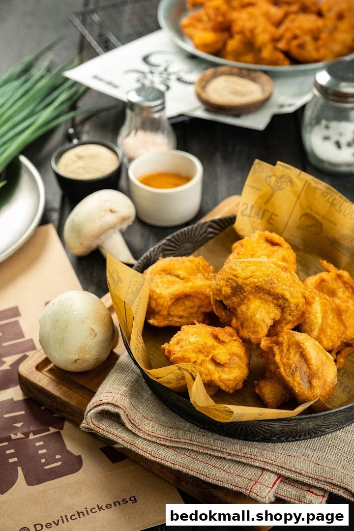 Close-up of fried chicken/mushrooms with ingredients and sauces on a table.