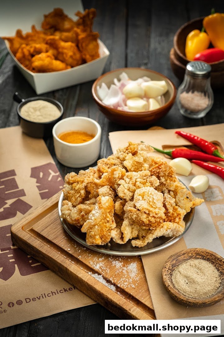 Fried chicken pieces, spices, and ingredients arranged on a dark wooden surface.