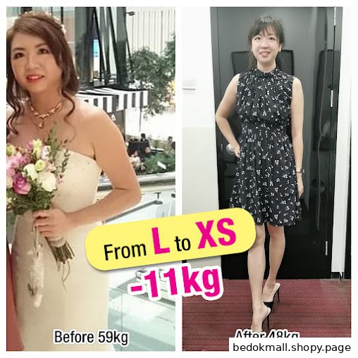 Woman's before and after weight loss transformation with text overlay.