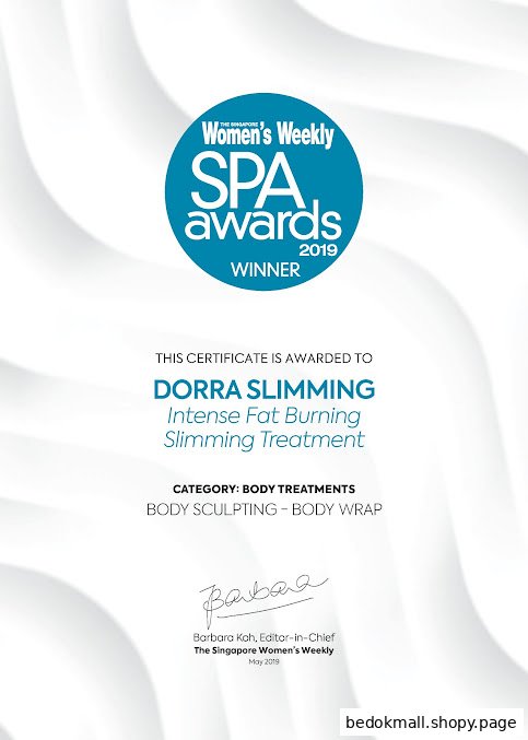 Award certificate for Dorra Slimming from Women's Weekly SPA Awards 2019.