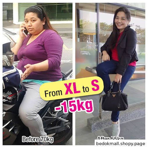 Before and after image showing a woman's weight loss transformation.