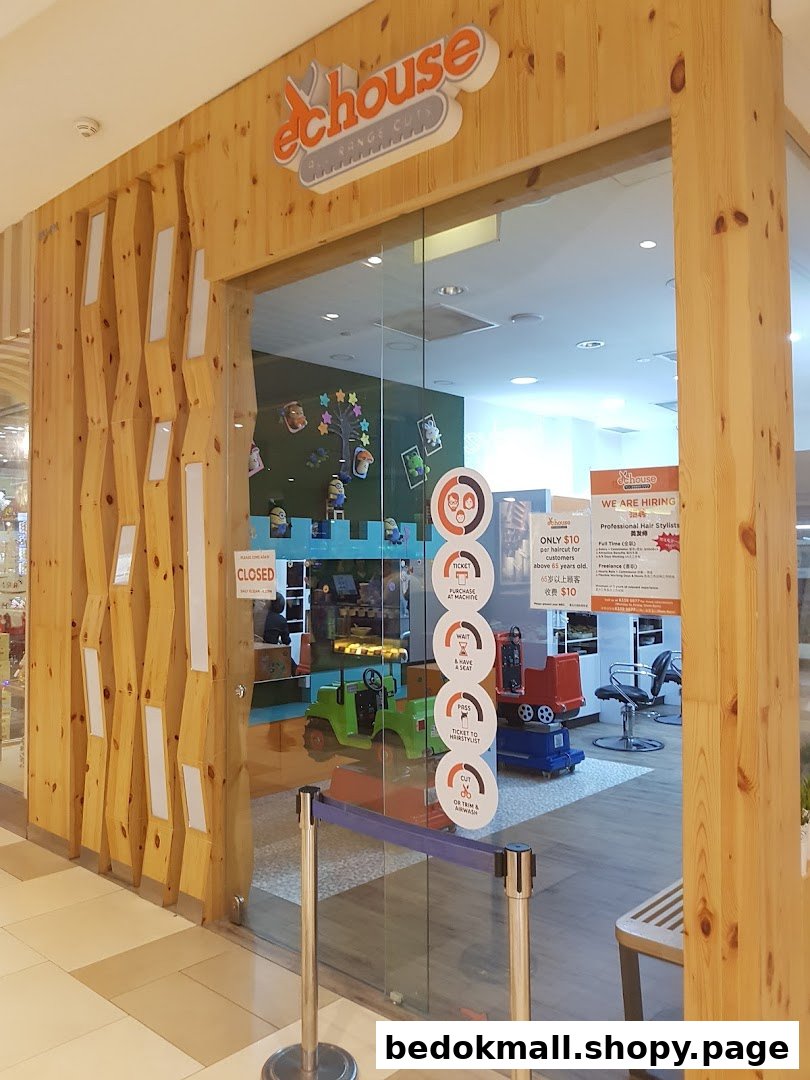 Shop front of EC House hair salon with wooden frame and glass door.