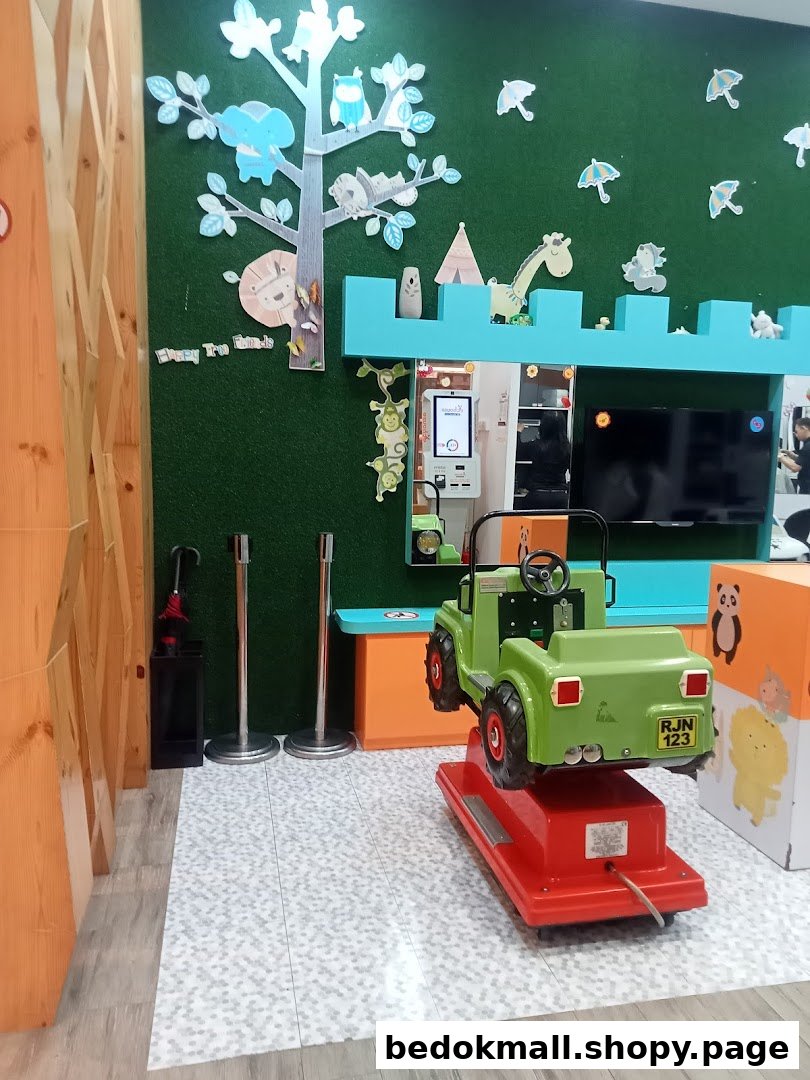 Colorful interior with cartoon animal decorations, a mirror, TV, and a ride-on toy.