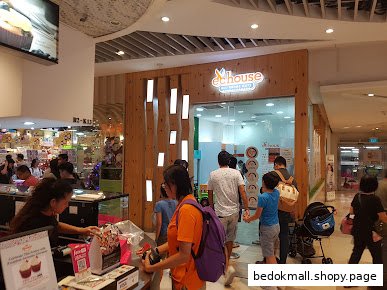 People entering and exiting the EC House shop front in a mall.