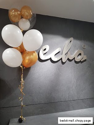 Balloons next to the 'echo' logo on a dark wall.
