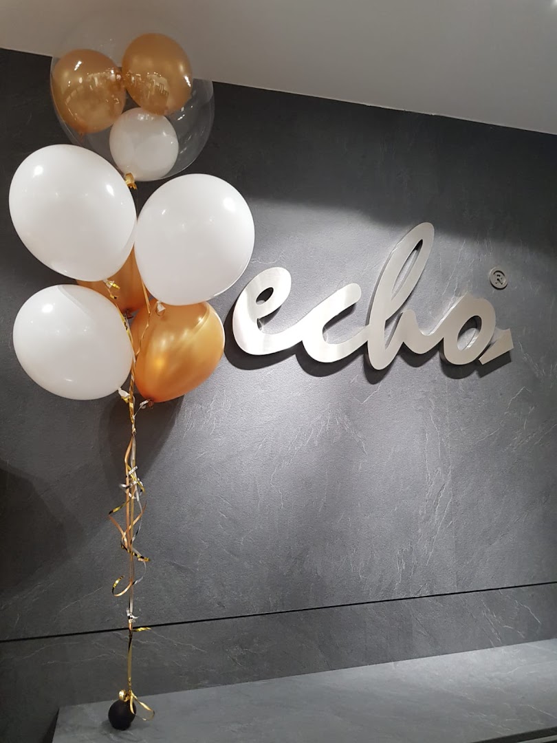 Balloons and the 'echo' logo on a dark textured wall.