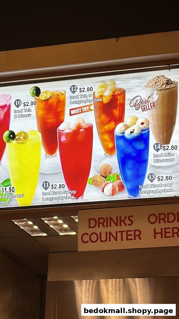 A menu board displaying various colorful drinks with prices.