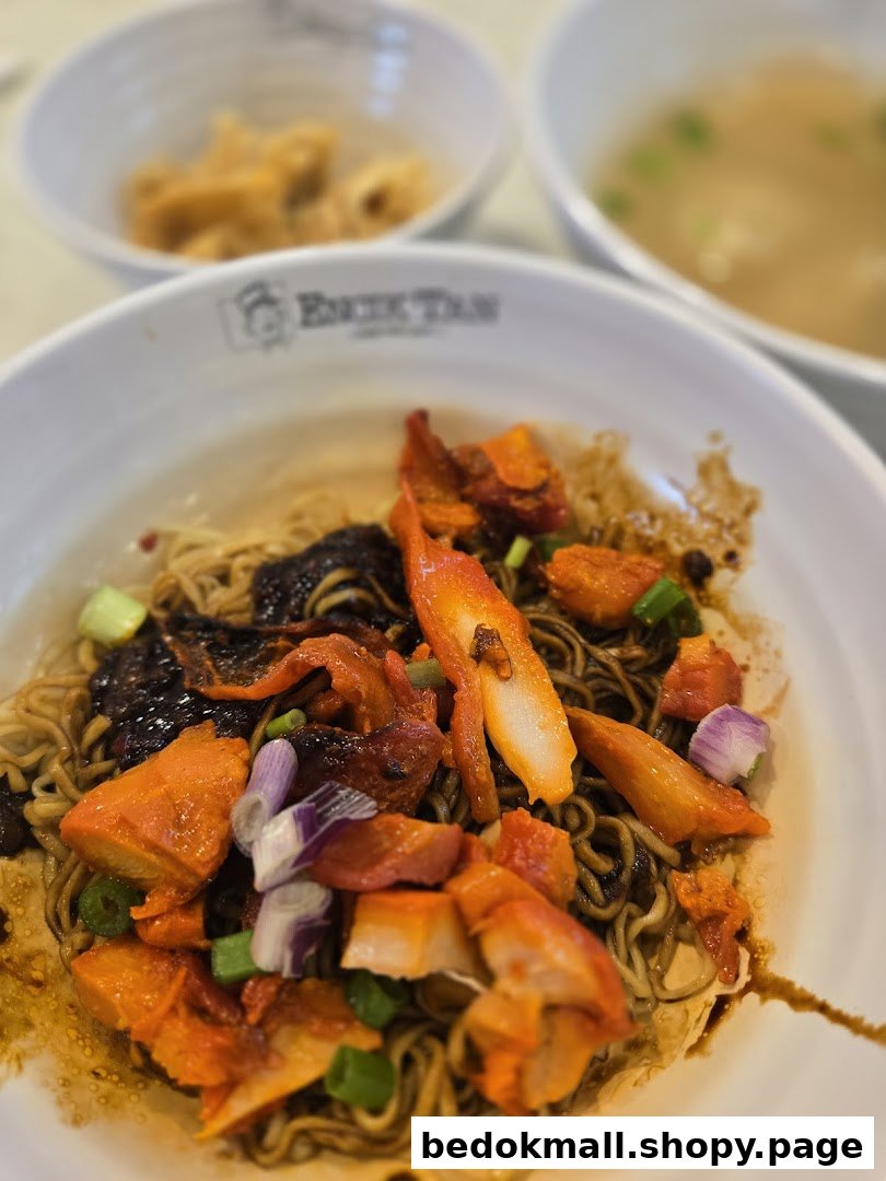 Close-up of a bowl of dark sauced noodles with chicken and onions.