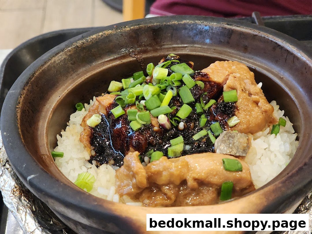 Close-up of claypot rice with chicken, dark sauce, and green onions.