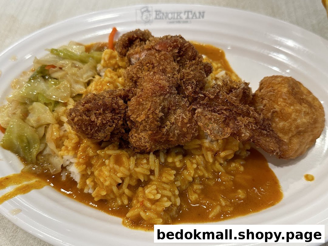Close-up of a plate with curry rice, fried chicken, and cabbage.