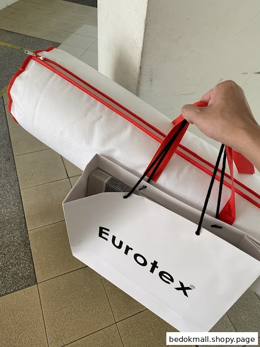 Person holding a Eurotex shopping bag and a large white packaged item.