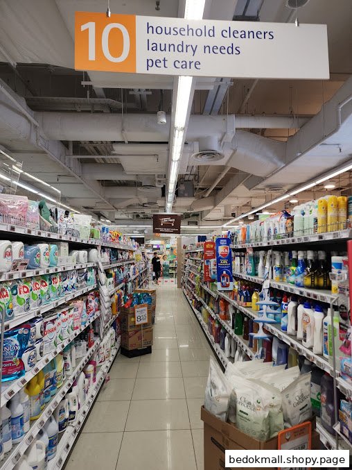 A supermarket aisle stocked with household cleaners, laundry, and pet care products.