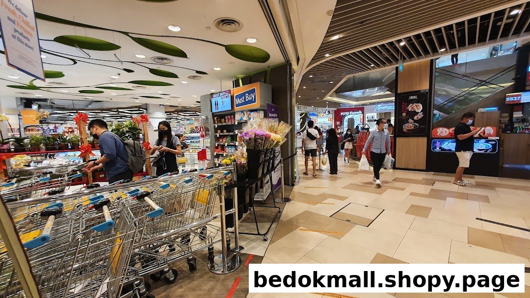 Supermarket entrance with shopping carts and people in a mall.