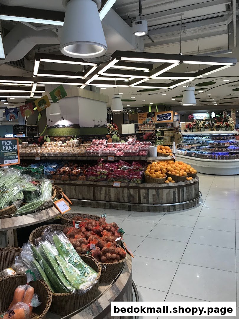 Interior view of a supermarket produce section with fruits and vegetables.