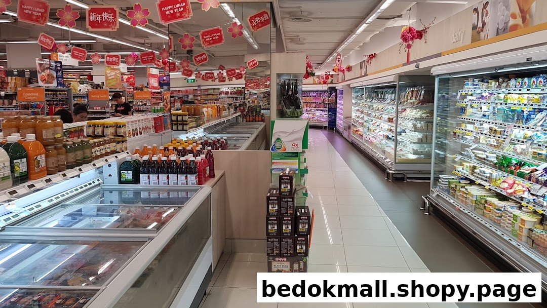 Interior view of a supermarket aisle with refrigerated displays and various products.