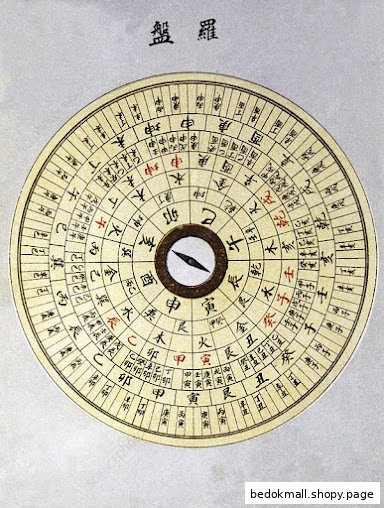 A circular Fengshui compass (luopan) with Chinese characters and a central needle.