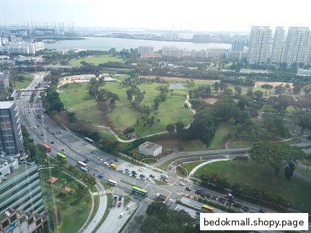 Aerial view of a city with roads, park, buildings, and a body of water.