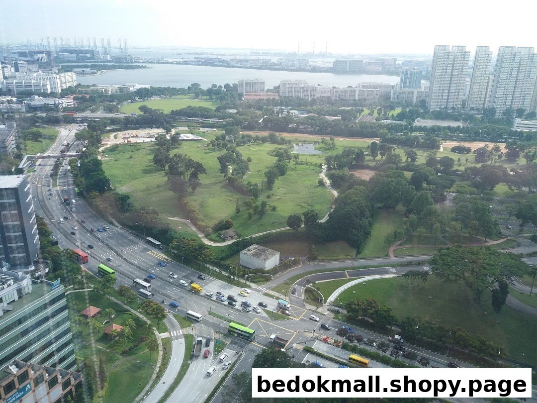Aerial view of a city with roads, park, buildings, and a body of water.