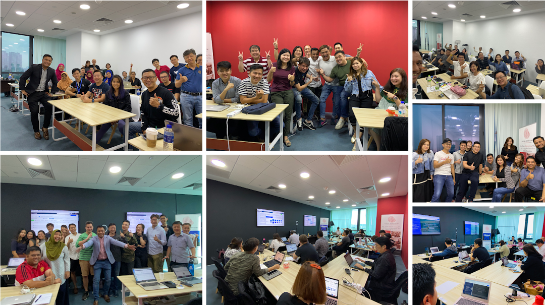Collage of people in a classroom/office setting, some posing, some working.