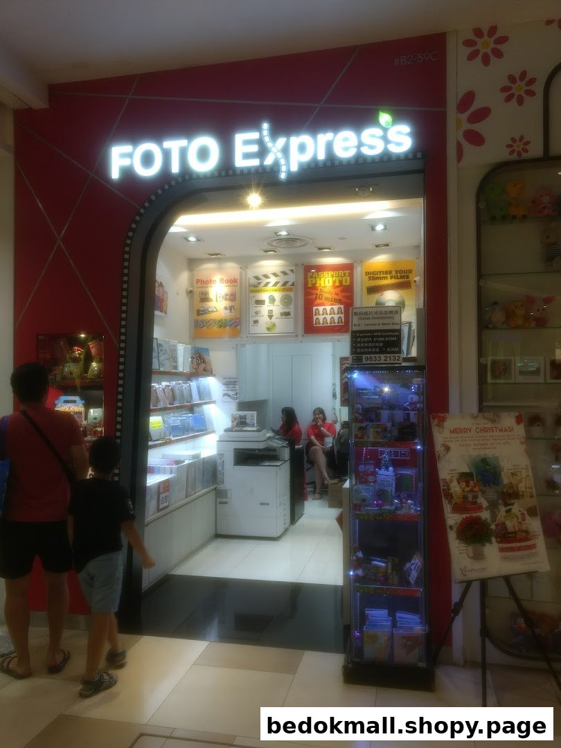 Entrance of Foto Express shop with people standing outside.