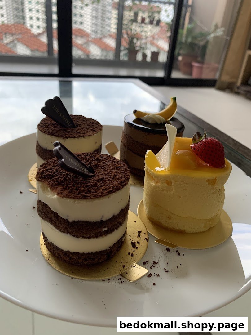 Four small cakes, including tiramisu and fruit, on a white plate.