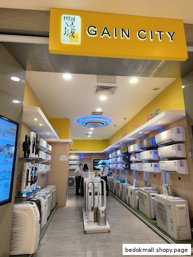 Entrance of Gain City electronics store displaying appliances and staff.