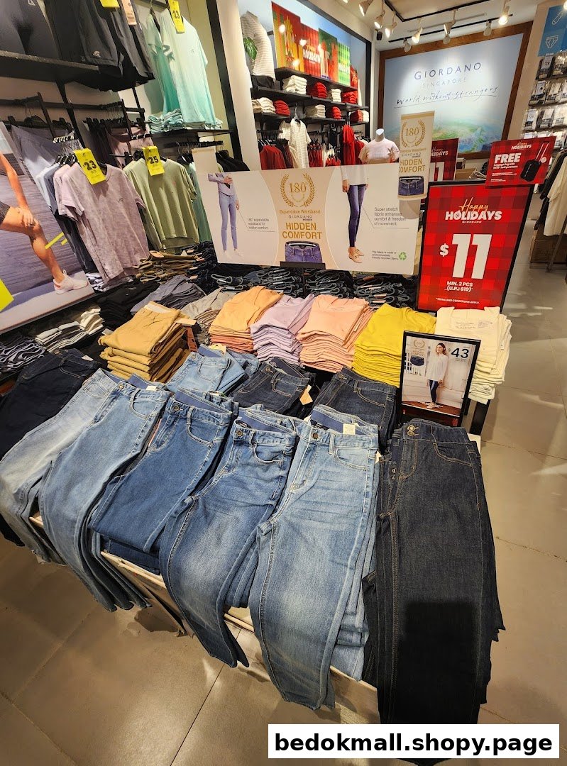 Interior view of a clothing store displaying jeans, t-shirts, and promotional signs.