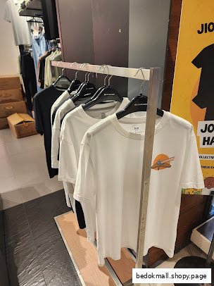 A rack of t-shirts displayed inside a clothing store.
