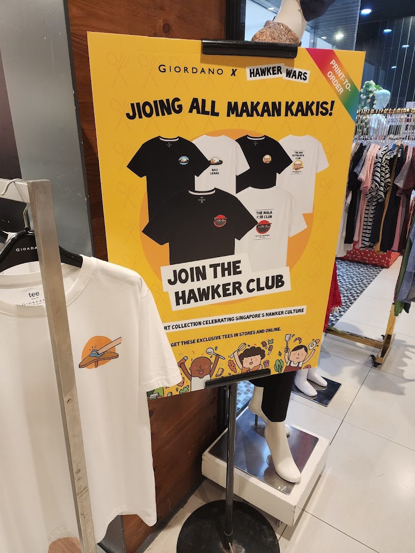 In-store display for Giordano's 'Hawker Club' t-shirt collection.