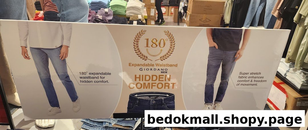 Promotional display for Giordano men's jeans highlighting expandable waistband and stretch fabric.