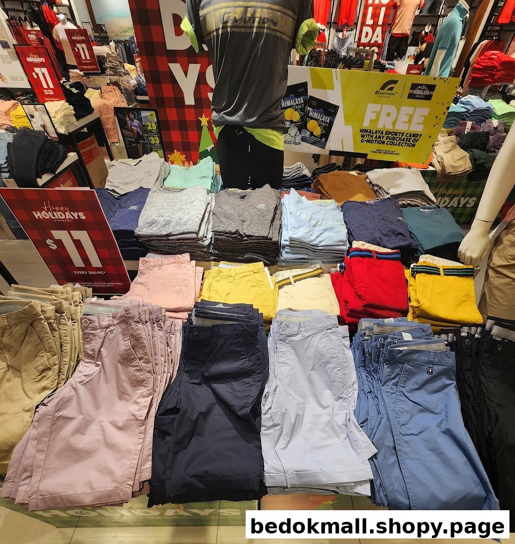 Interior view of a clothing store with folded apparel and promotional signs.