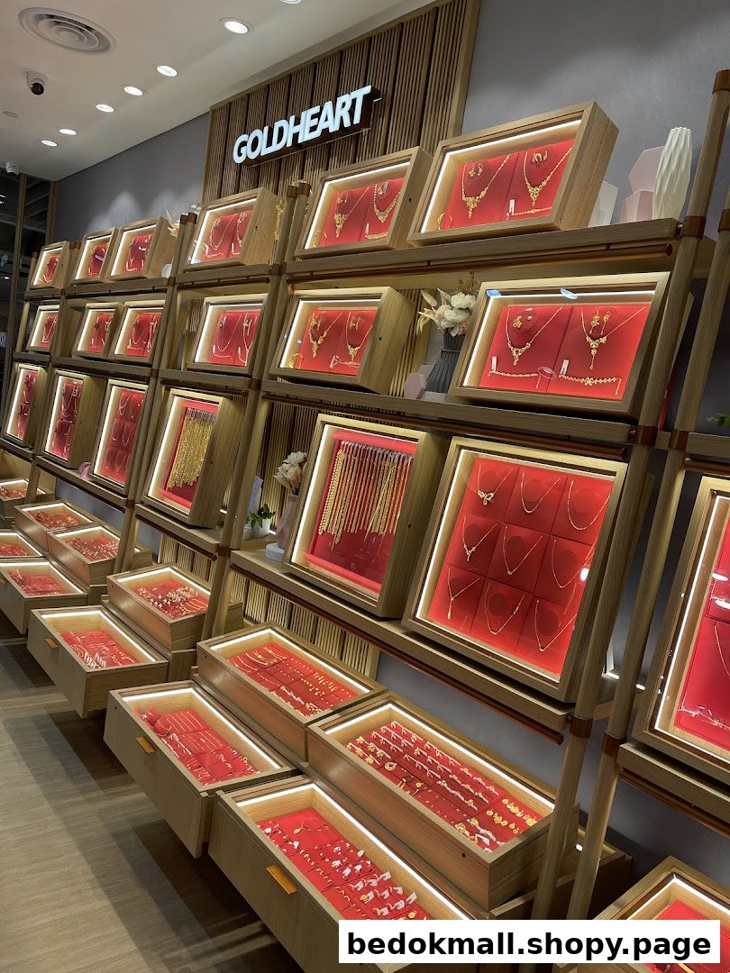 Interior view of a jewelry shop with multiple display cases of gold jewelry.
