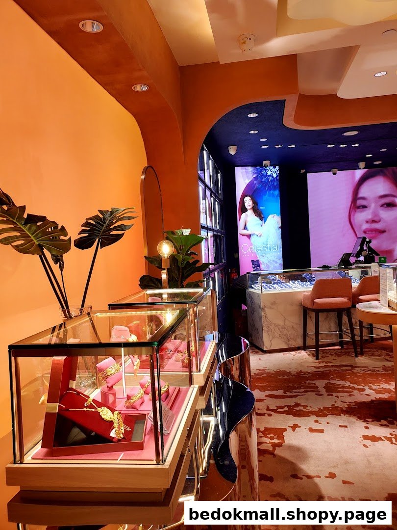 Interior view of a jewelry shop with display cases and large screens.